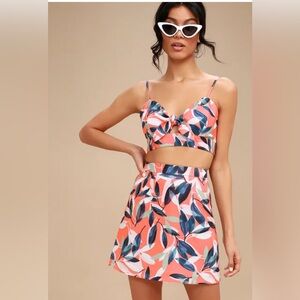 Lulu's Coral and Blue Leaf Print Mini Skirt
